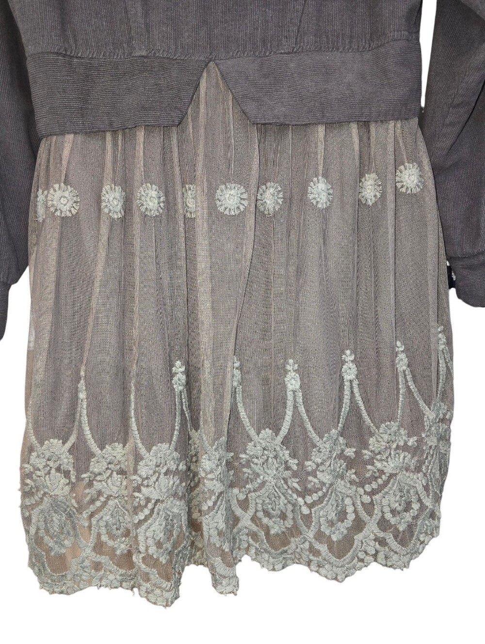 Sacred Threads Grey Corduroy & Embroidered Lace Hooded Jacket Coat - Size Small - Picture 10 of 13